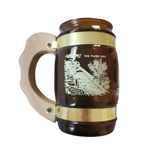 Vintage Souvenir SIX FLAGS Amber Glass Mug Wood Handle Mine Train Siesta Ware S1